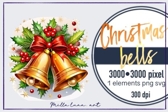 Watercolour Christmas Bells PNG for Embroidery